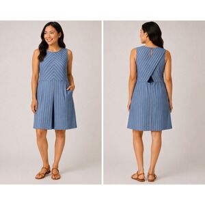 J.Crew Pinstripe Fit and Flare Dress Womens 14 Blue White Back Cutout F2148